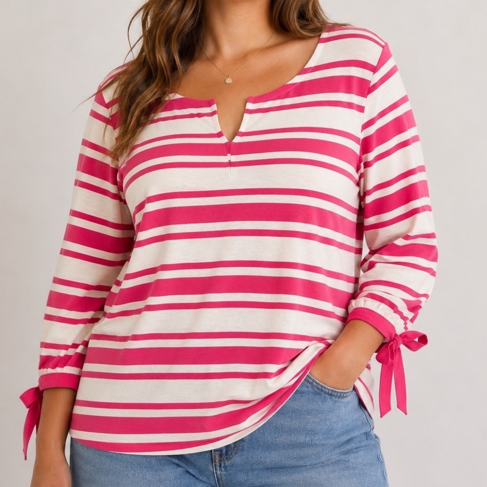 Talbots XL Pima Cotton Stripe Top Pink White Preppy Coastal Women 3/4 Sleeve